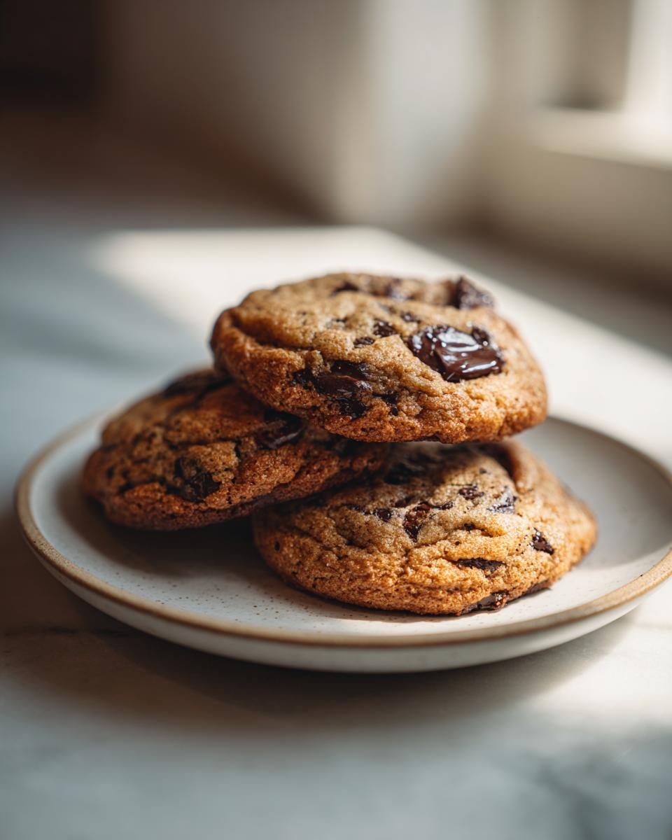 Three freshly baked vegan chocolate chip cookies stacked on a small speckled plate, featuring melted chocolate chunks.
