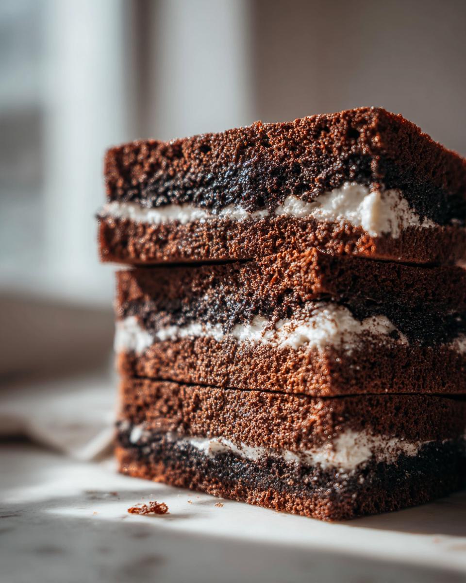 Close-up of stacked dark chocolate cake layers with white frosting, unrelated to the gingerbread house recipe.