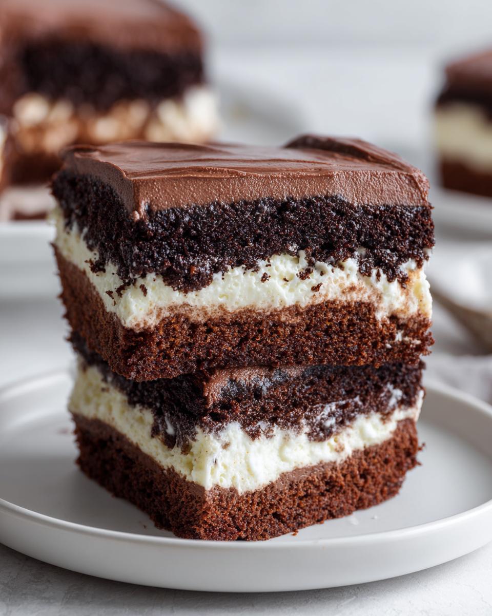 Two stacked squares of rich, layered Italian love cake featuring dark chocolate cake, white cream filling, and chocolate frosting.