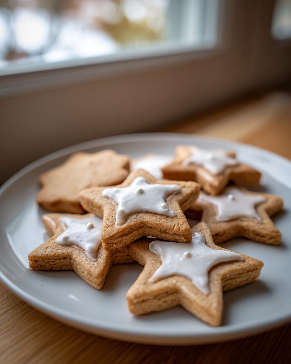 A plate piled high with star-shaped vegan sugar cookies topped with white royal icing and small white nonpareils.