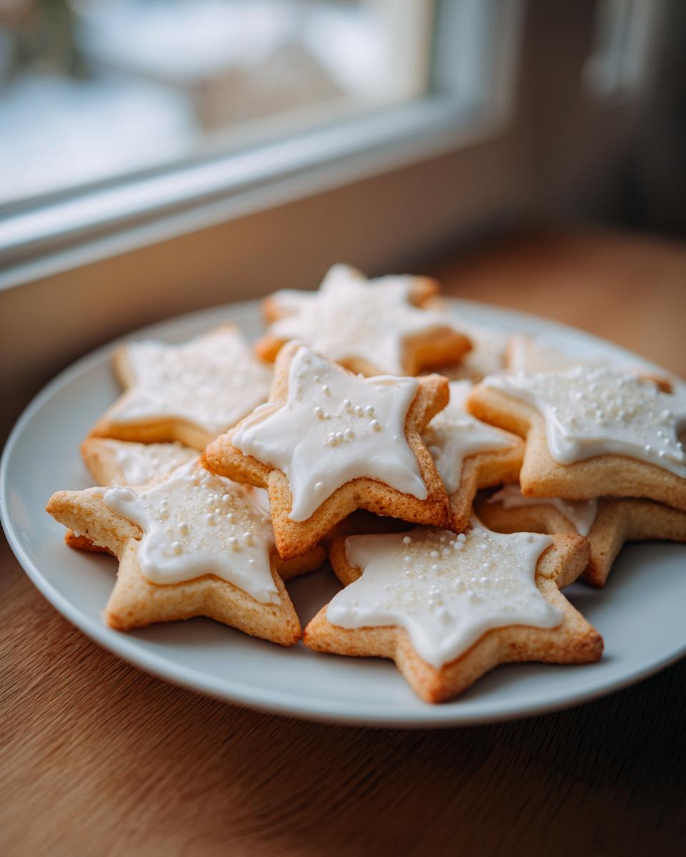 A plate piled high with star-shaped vegan sugar cookies topped with white icing and white sprinkles.