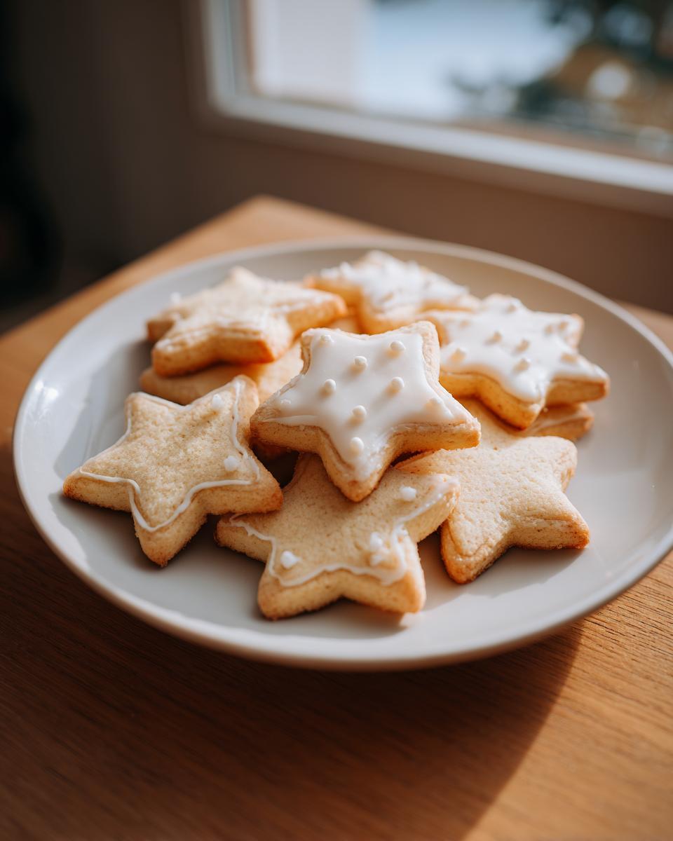 A plate piled high with star-shaped vegan sugar cookies, some topped with white royal icing.