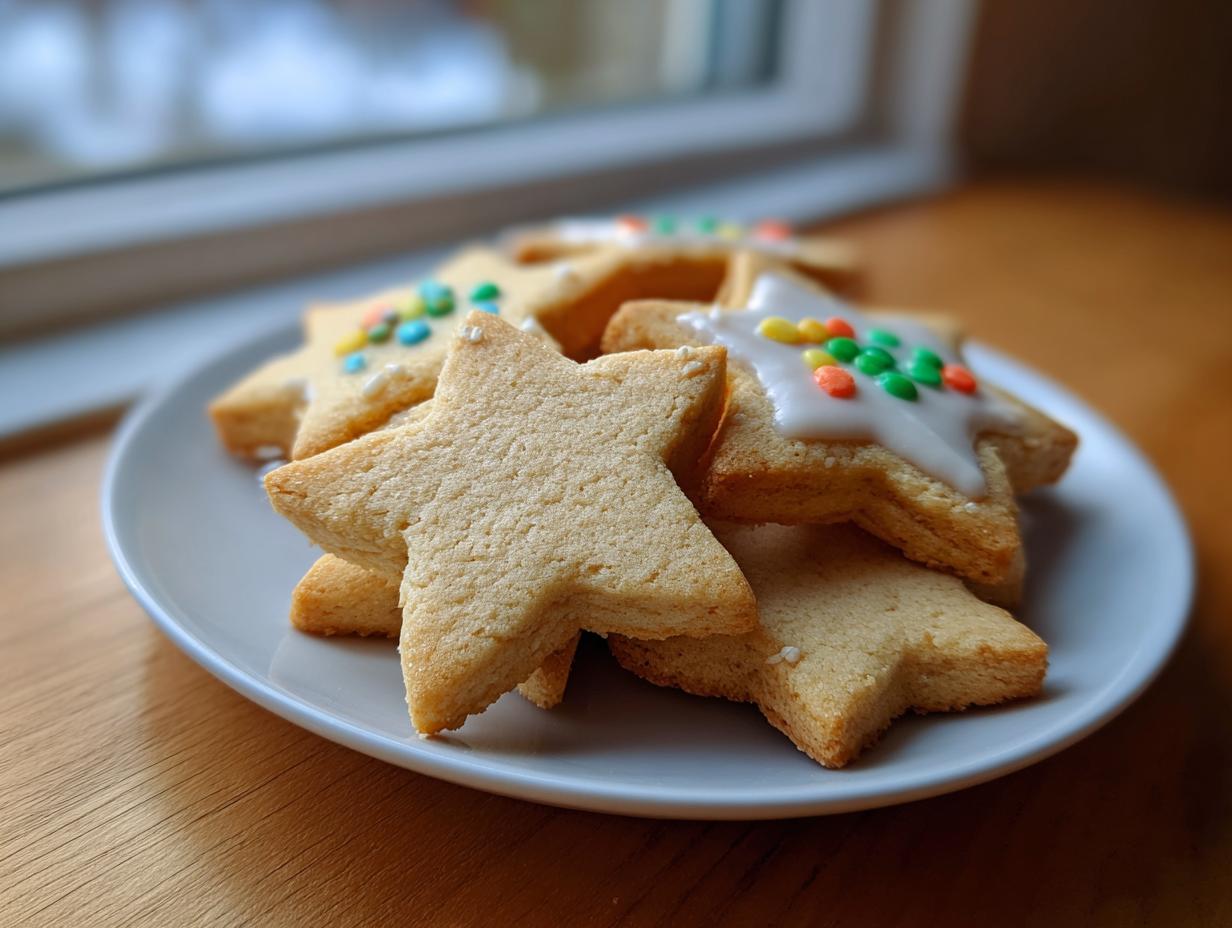 Close-up of star-shaped vegan sugar cookies, some plain and some topped with white icing and colorful sprinkles.