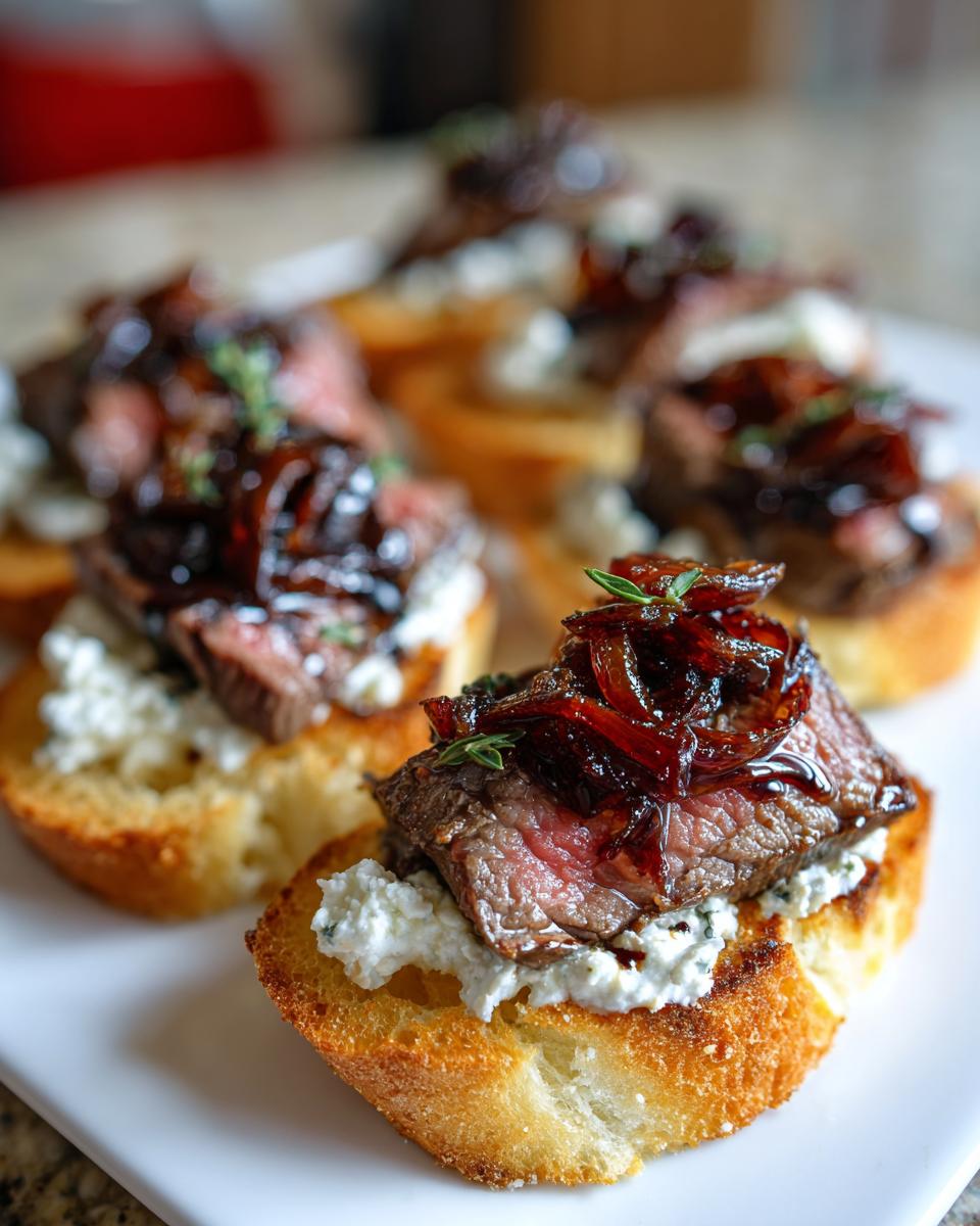 Close-up of several steak crostini appetizers featuring medium-rare steak, creamy cheese, and caramelized onions on toasted bread.