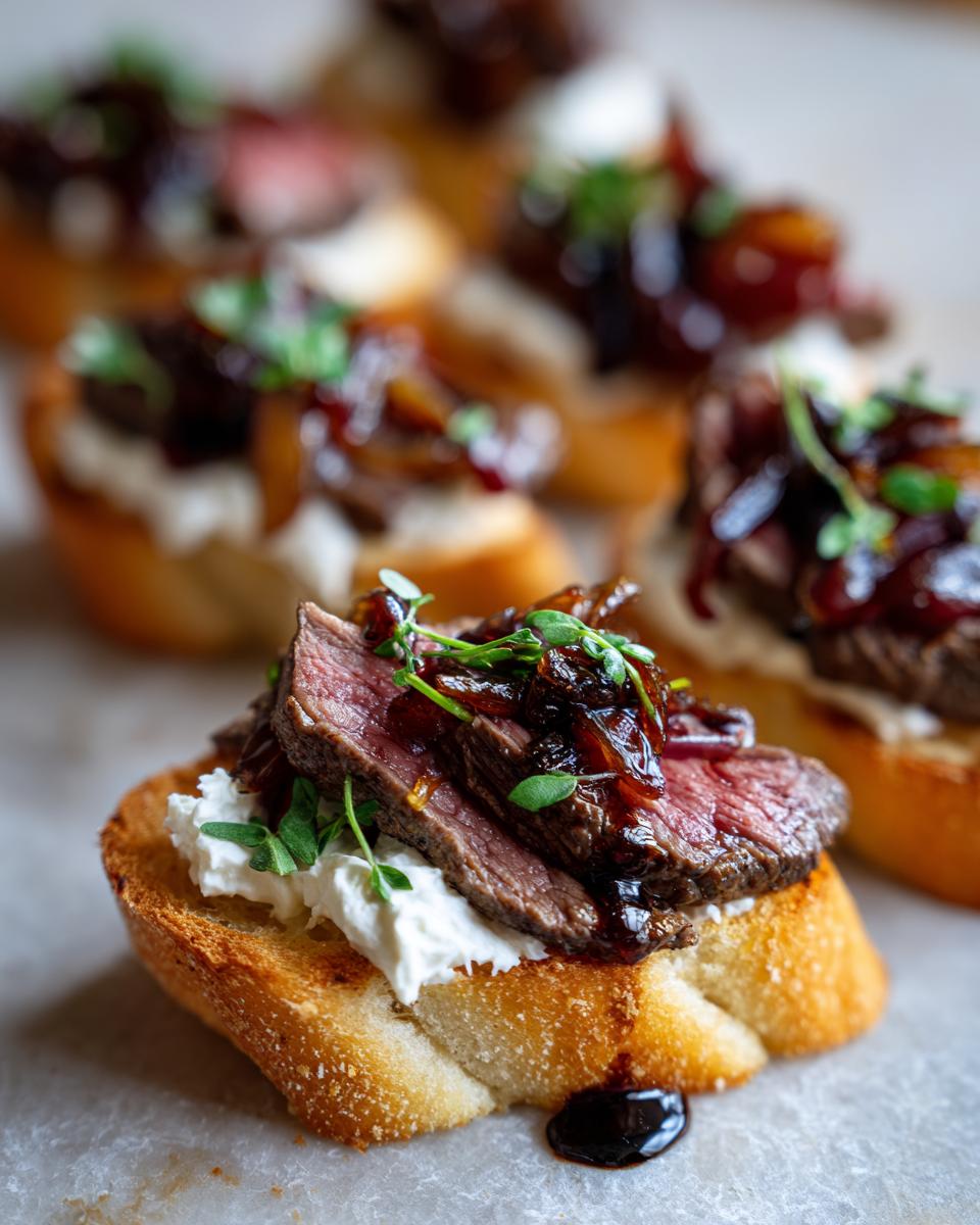 Close-up of a steak crostini bite featuring medium-rare steak, goat cheese, and caramelized onions.