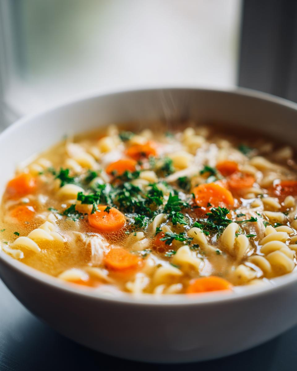 Close-up of a steaming white bowl filled with homemade penicillin soup, featuring broth, rotini pasta, sliced carrots, and parsley.