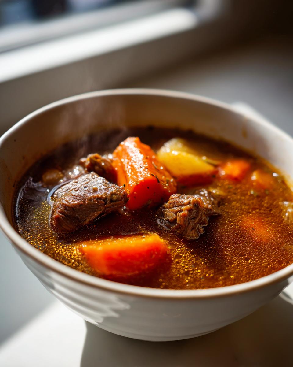 Close-up of a steaming white bowl filled with rich broth, chunks of beef, and bright orange carrots in vegetable beef soup.