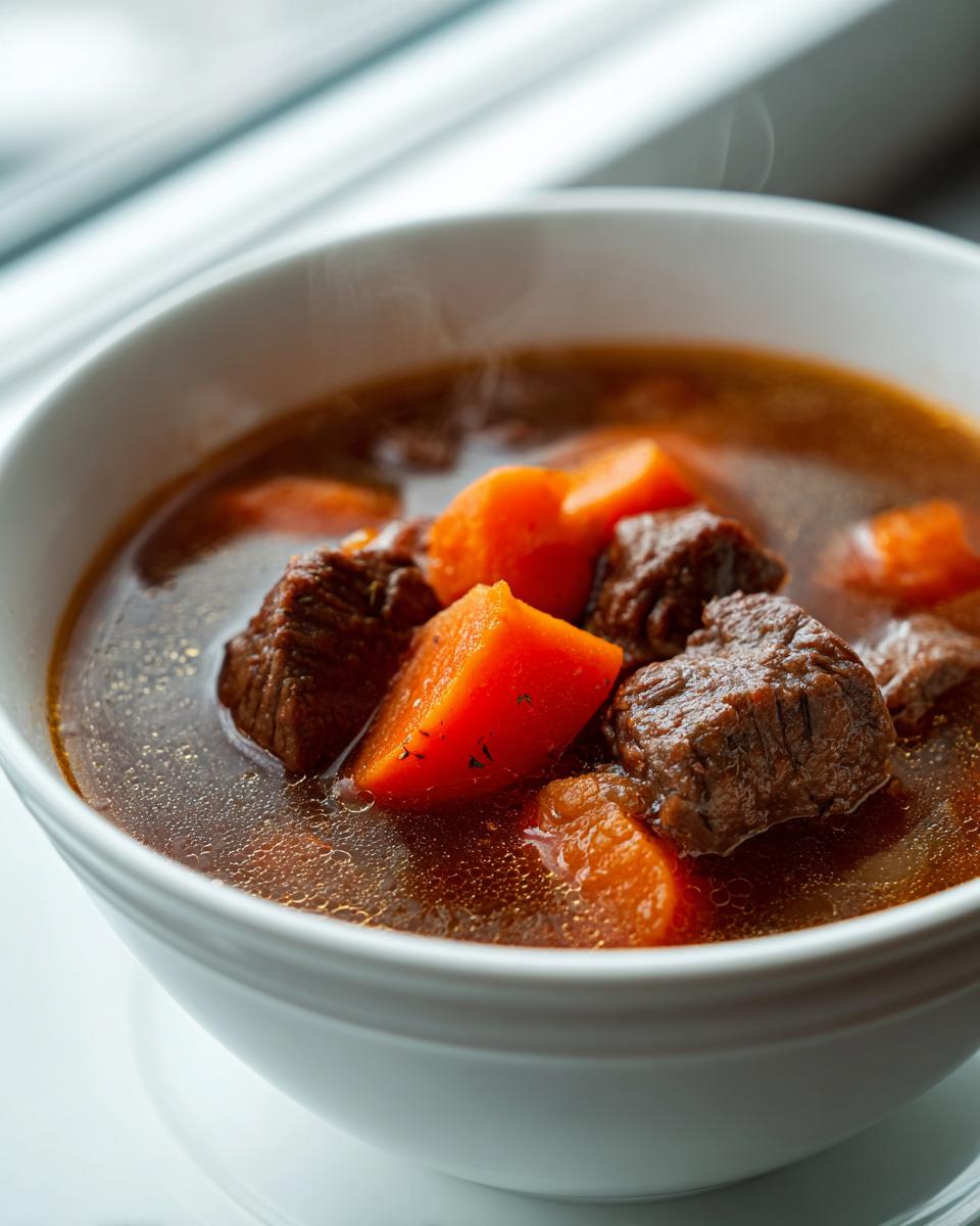 Close-up of a steaming white bowl filled with rich broth, chunks of beef, and large pieces of bright orange carrots in vegetable beef soup.