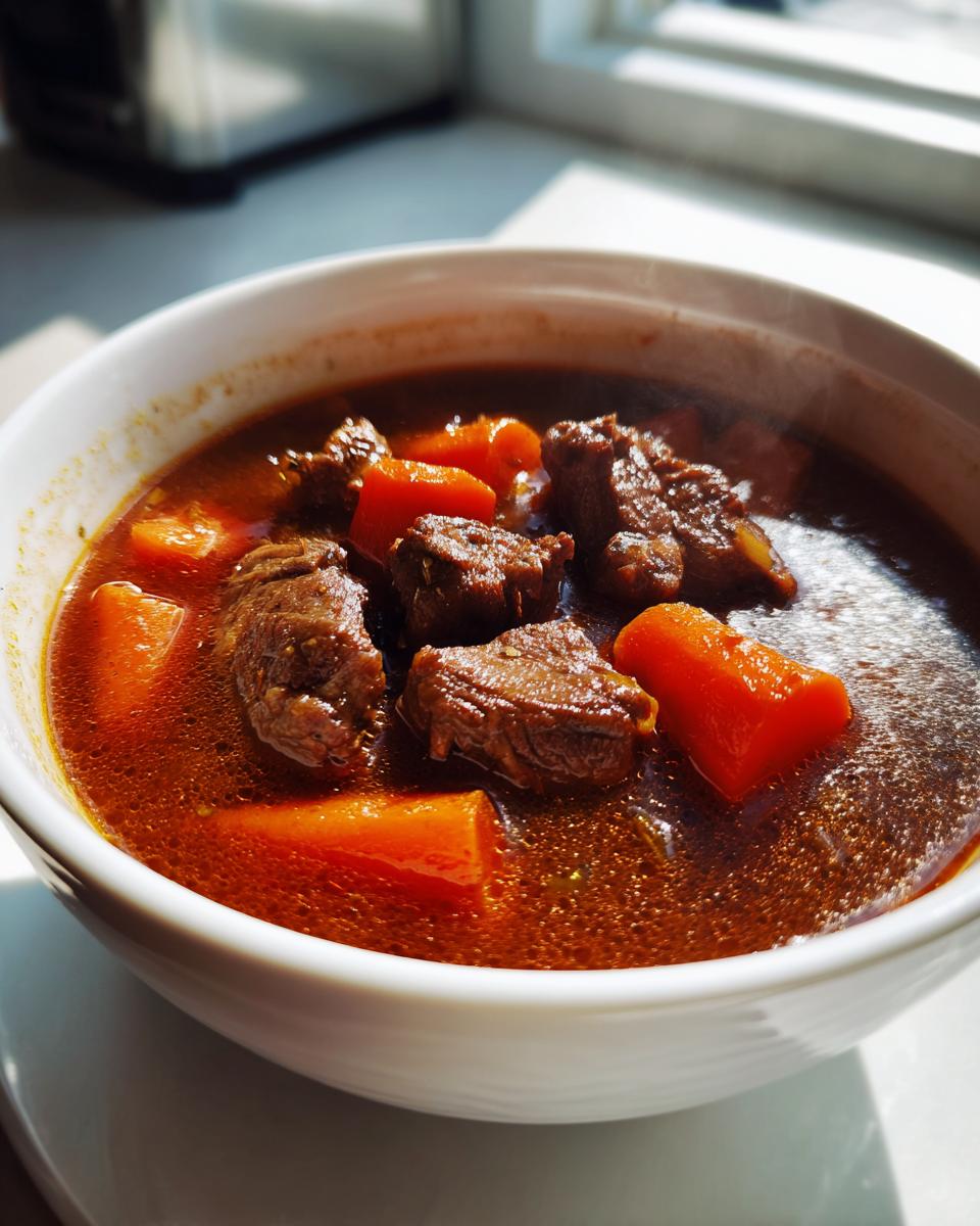 Close-up of a steaming white bowl filled with rich, dark broth, chunks of beef, and bright orange carrots from the vegetable beef soup.