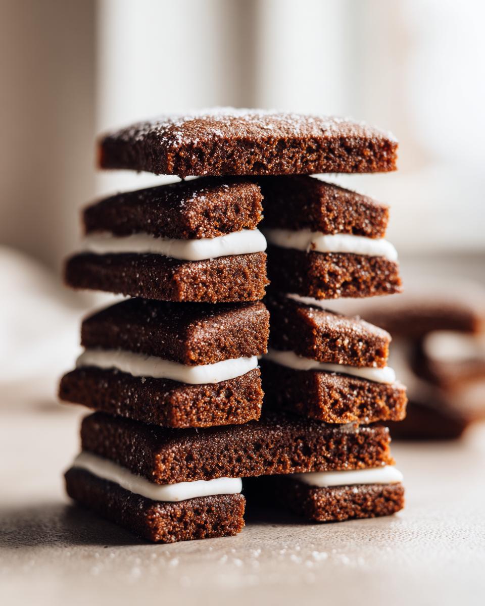 Stack of dark brown gingerbread house recipe pieces layered with white royal icing.