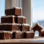 A stack of dark brown gingerbread pieces topped with white icing, next to a small gingerbread house structure.
