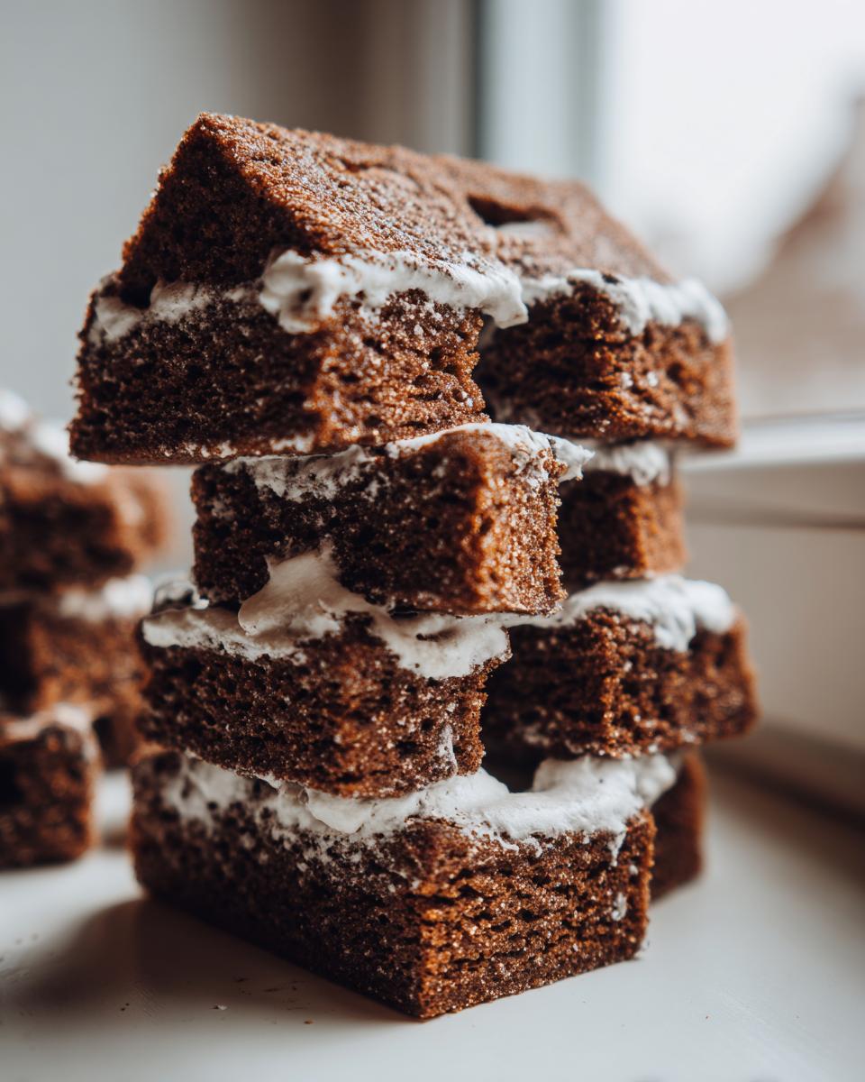 Stack of dark brown gingerbread house recipe pieces cemented together with white royal icing.