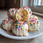 A stack of white chocolate coated sugar cookie truffles topped with colorful sprinkles, one is cut open.