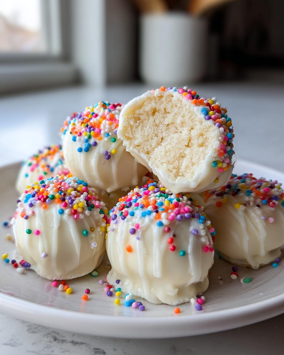 A stack of white chocolate-dipped sugar cookie truffles generously topped with colorful sprinkles, one is bitten open showing the soft interior.