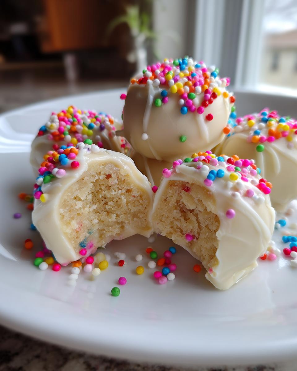 Close-up of white chocolate coated sugar cookie truffles, one cut open revealing the cookie dough center, topped with rainbow sprinkles.