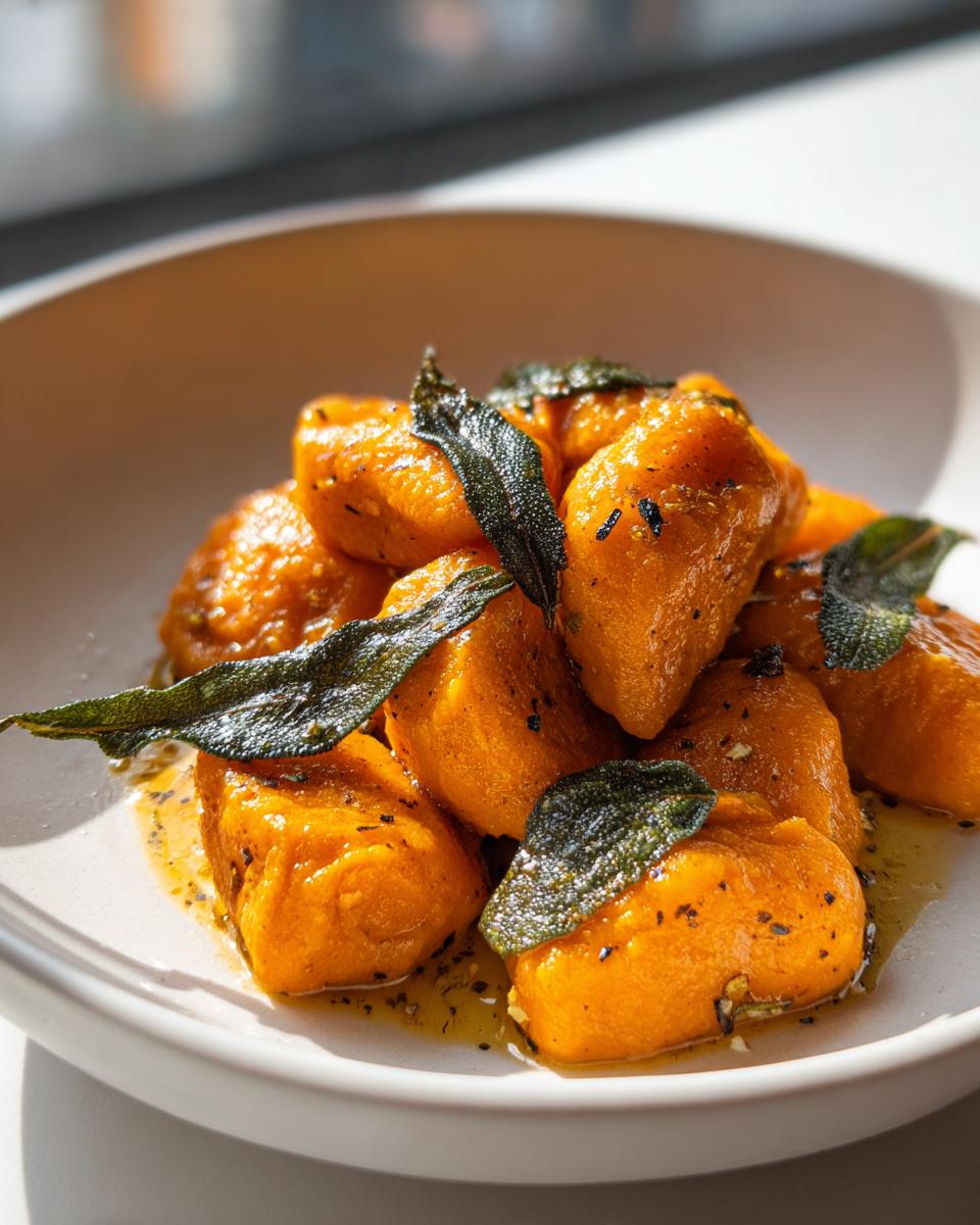 A close-up of bright orange sweet potato gnocchi tossed in brown butter sauce and topped with crispy sage leaves.
