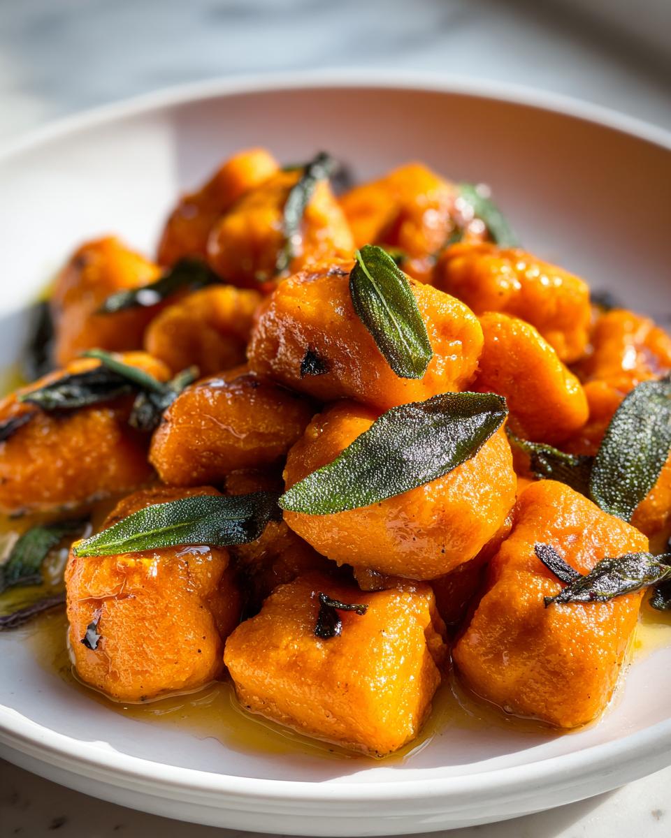 A close-up of bright orange sweet potato gnocchi tossed in browned butter and topped with crispy sage leaves.