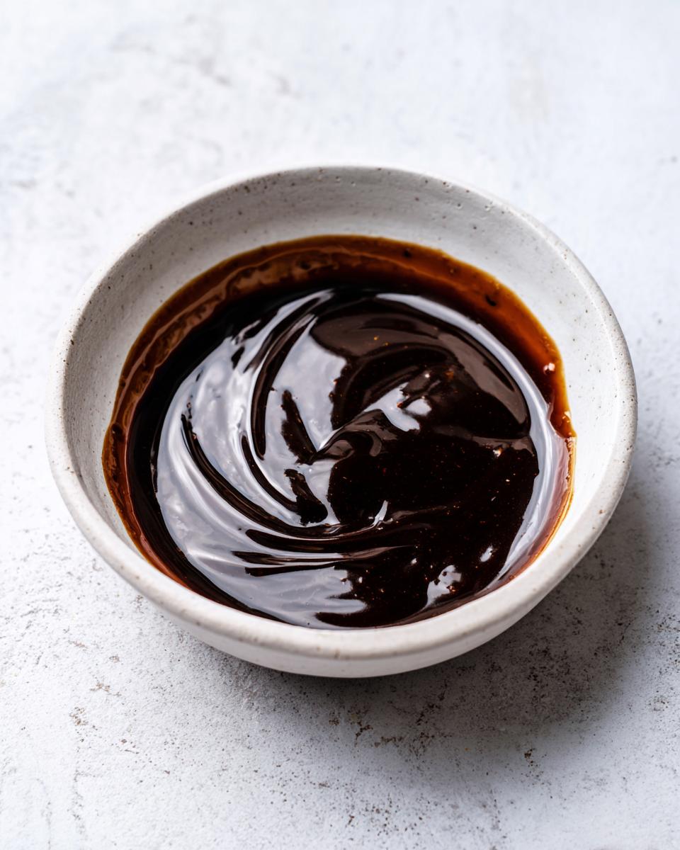Close-up of thick, glossy homemade teriyaki sauce swirled in a small, light gray ceramic bowl.