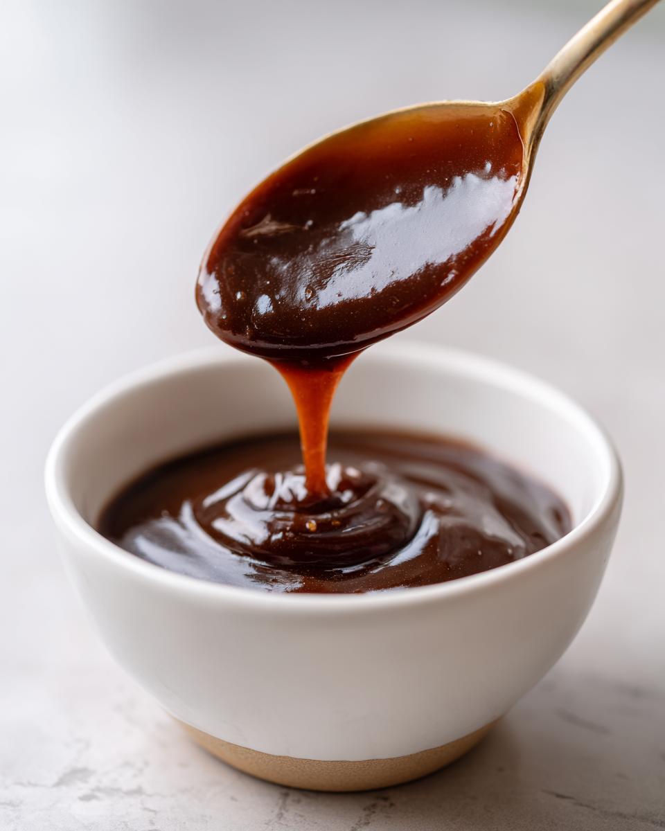 A close-up of thick, glossy homemade teriyaki sauce dripping from a golden spoon back into a small white bowl.