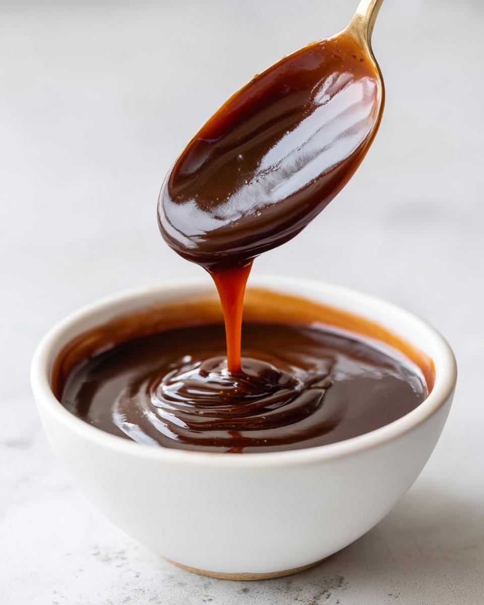 Close-up of thick, glossy homemade teriyaki sauce dripping from a golden spoon back into a white bowl.