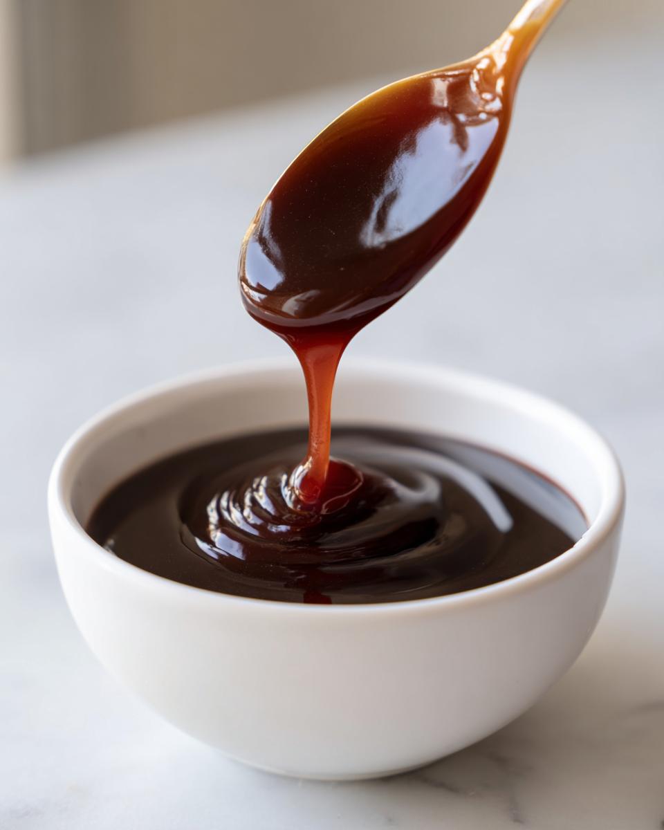 Close-up of thick, glossy homemade teriyaki sauce dripping from a spoon into a white bowl.