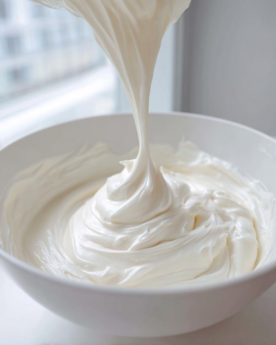 Thick, glossy white sugar cookie icing being poured into a white bowl, showing its smooth texture.