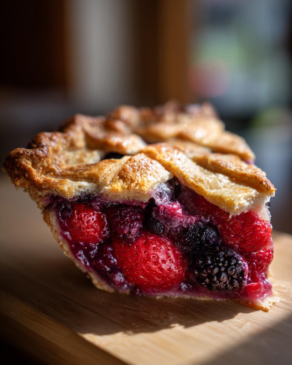 Close-up of a juicy slice of triple berry pie showing strawberries, blackberries, and a golden lattice crust.