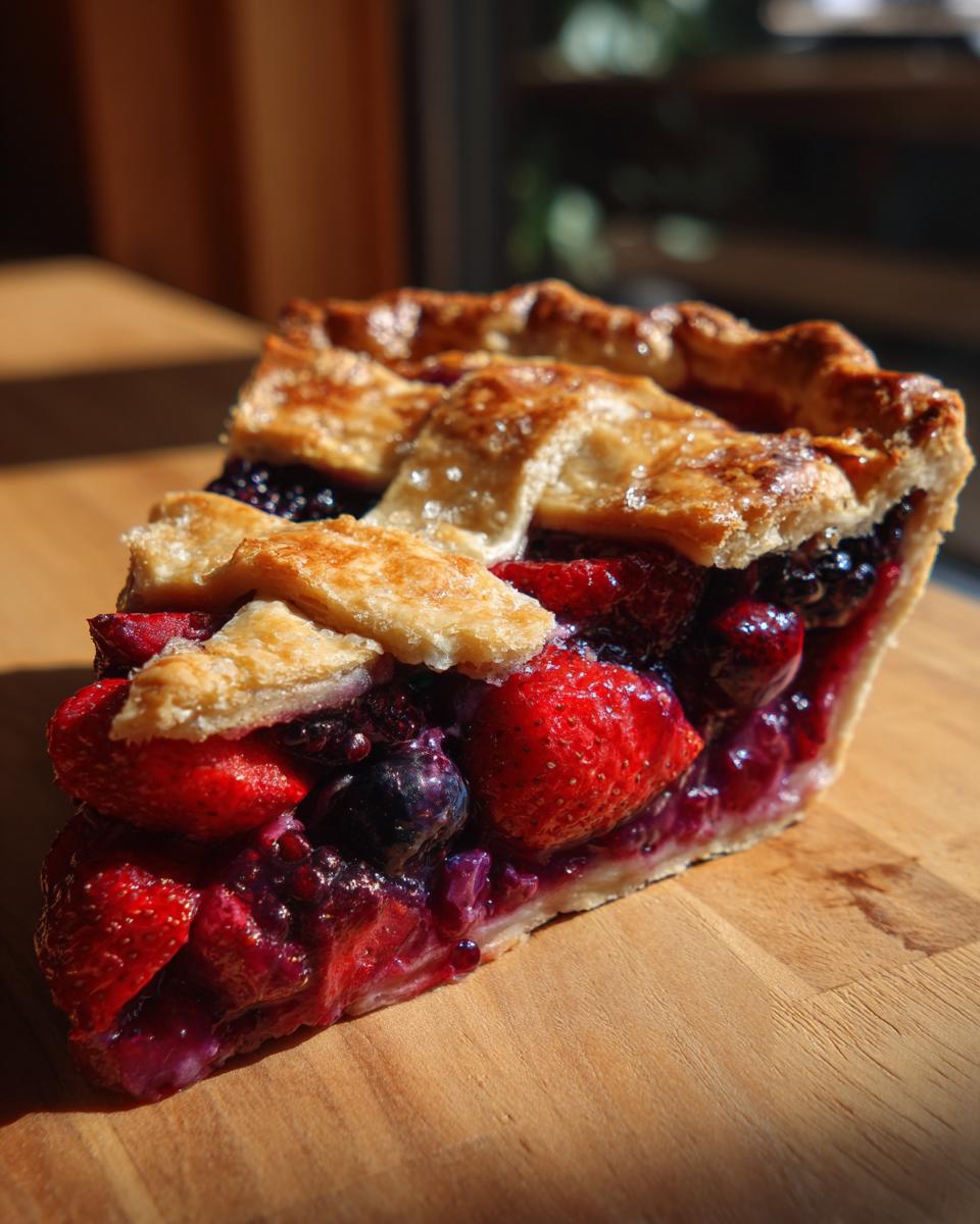 A close-up of a generously filled slice of triple berry pie showing strawberries, blueberries, and blackberries under a golden lattice crust.