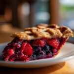 Close-up of a juicy slice of triple berry pie featuring strawberries and dark berries under a golden lattice crust.