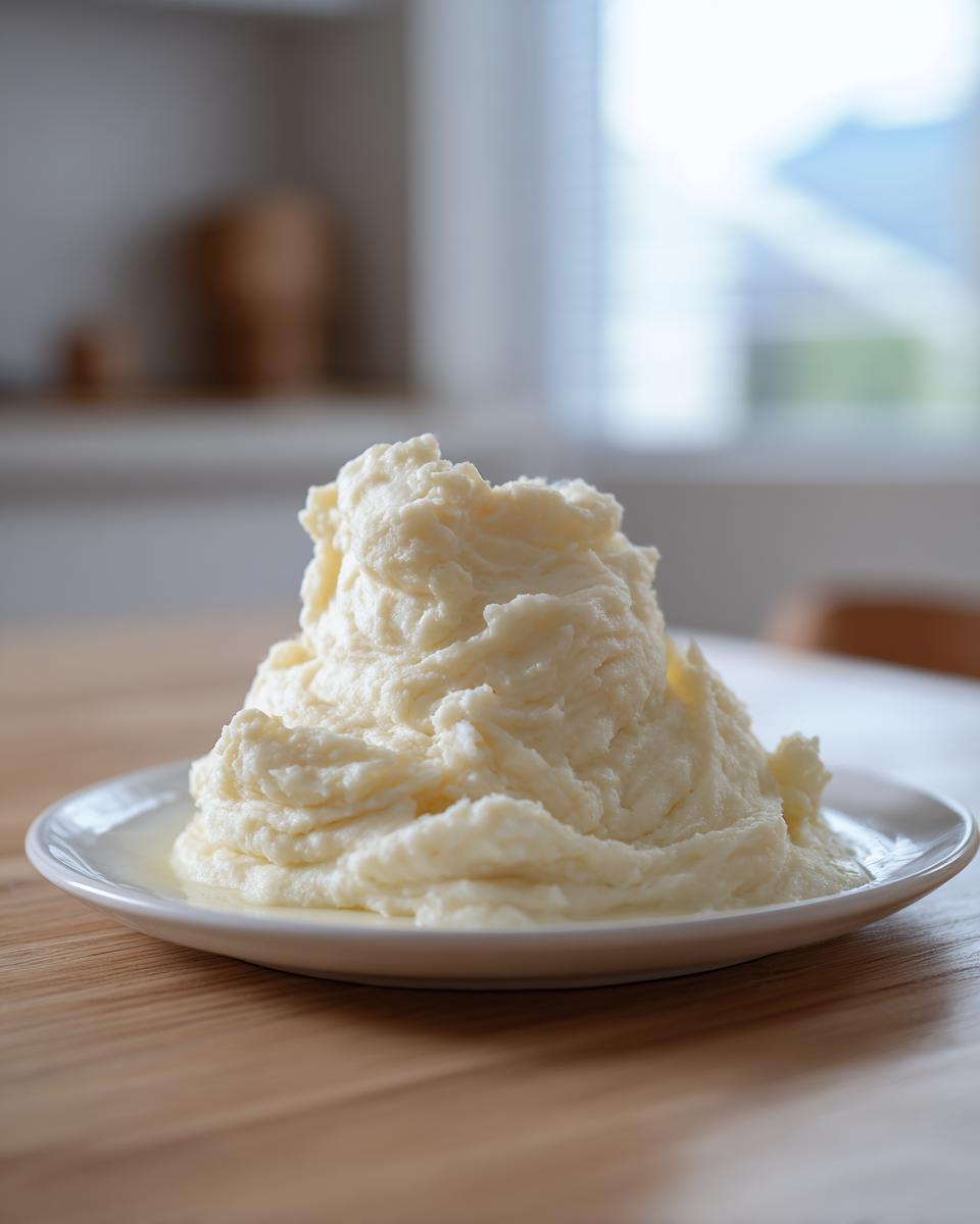 A generous mound of ultra creamy mashed potatoes served on a small white plate on a wooden table.