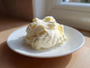 A scoop of ultra creamy mashed potatoes showing a smooth, rich texture, served on a small white plate.