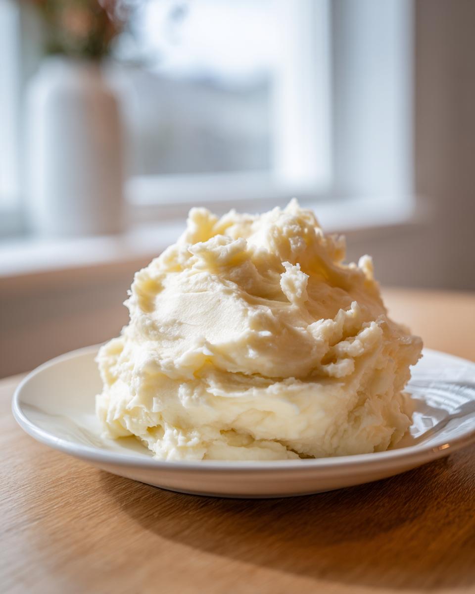 A generous serving of ultra creamy mashed potatoes piled high on a small white plate, brightly lit.