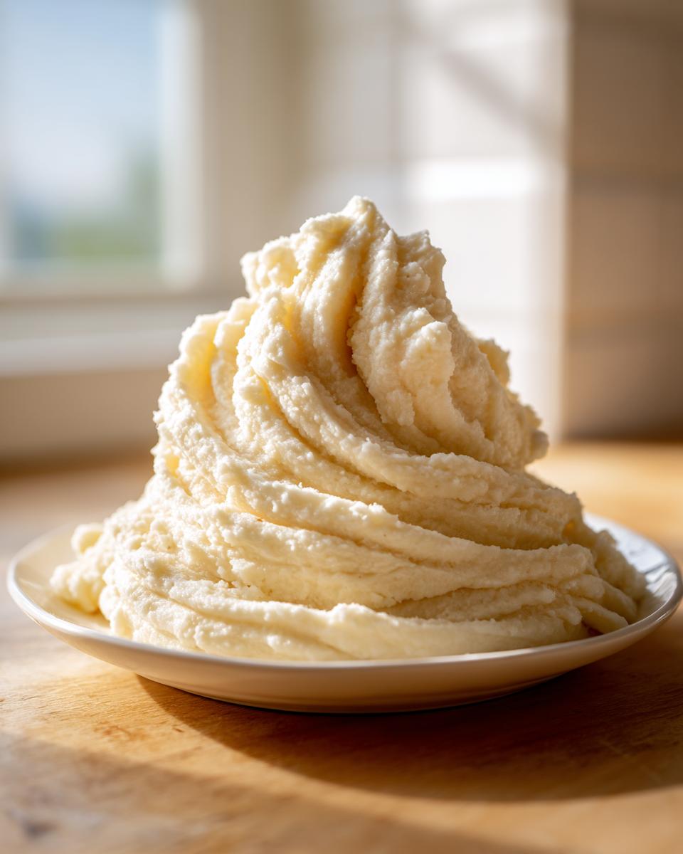 A tall, swirling mound of ultra creamy mashed potatoes served on a white plate, catching warm sunlight.