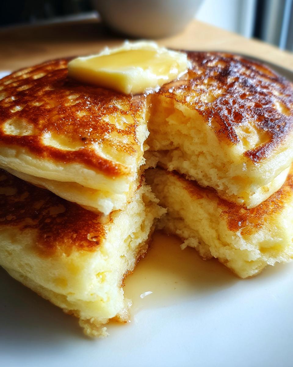 Close-up of a stack of incredibly fluffy pancakes cut open, topped with melting butter and syrup.