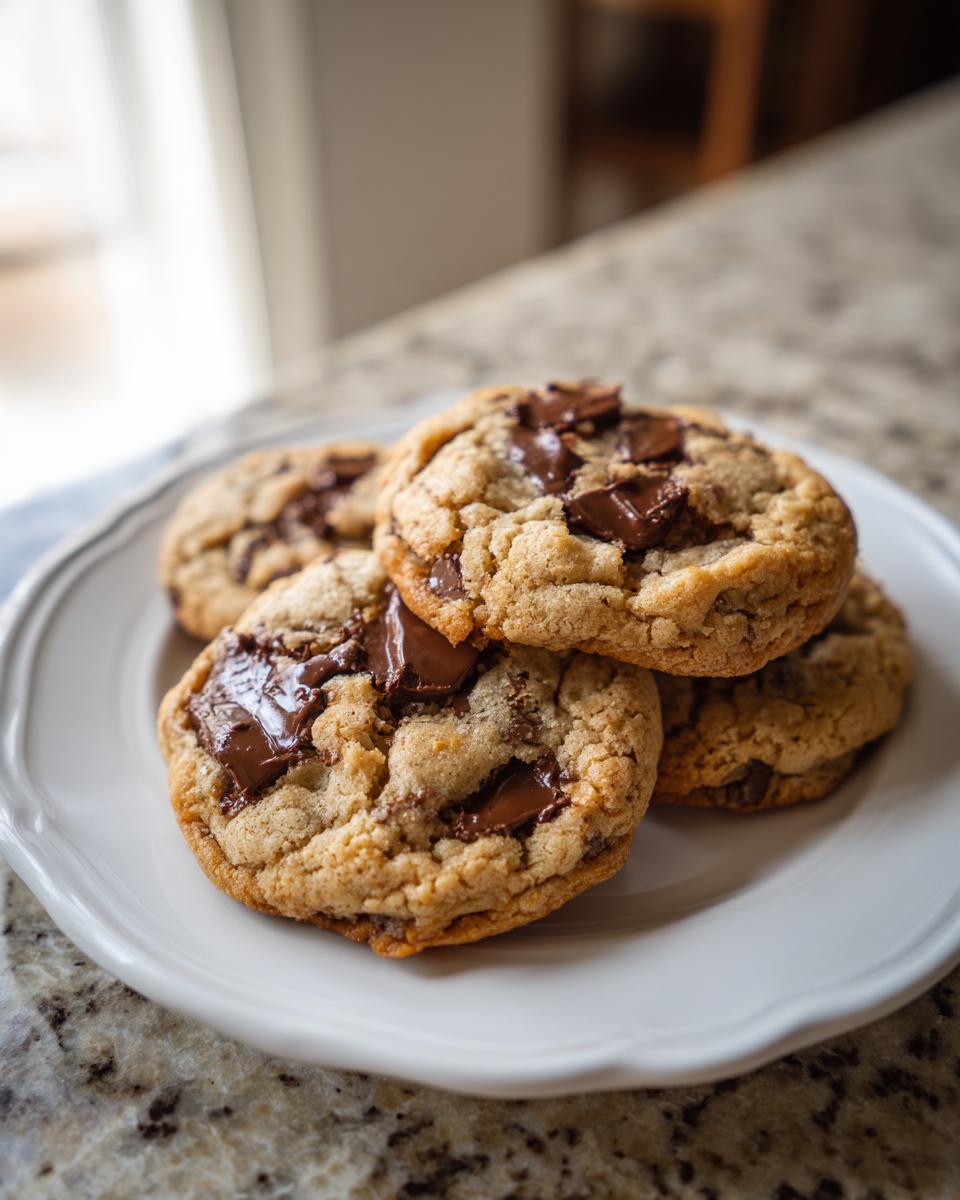 A stack of four gooey vegan chocolate chip cookies with melted chocolate chunks on a white plate.