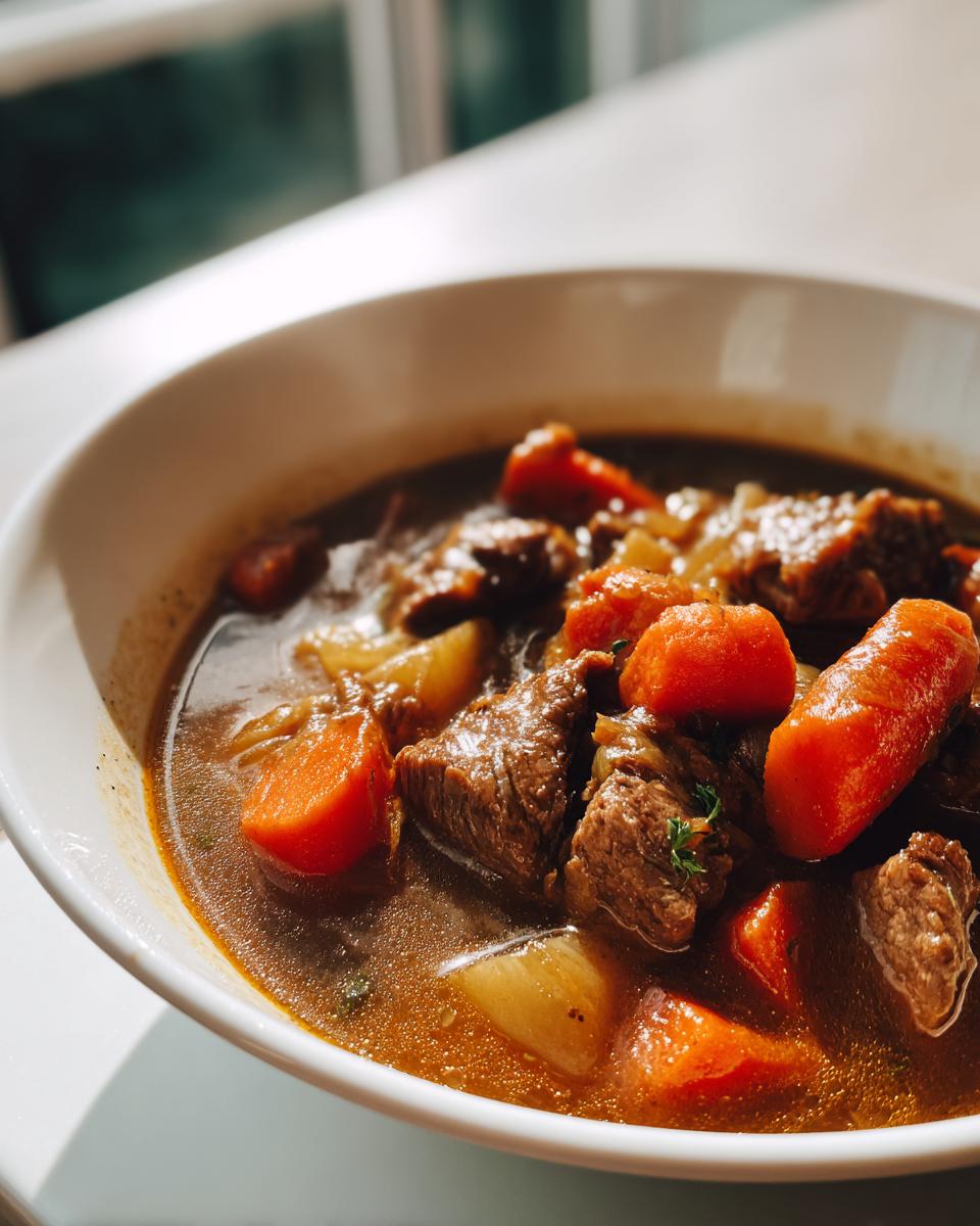 Close-up of a white bowl filled with rich vegetable beef soup, featuring chunks of beef and bright orange carrots.