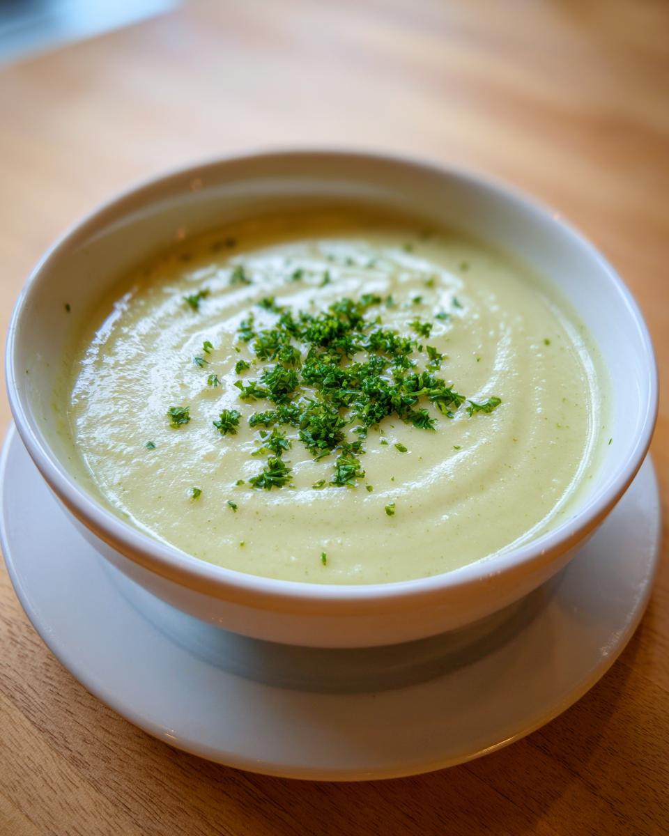 A close-up of a bowl of smooth, velvety celery soup garnished with chopped fresh parsley.
