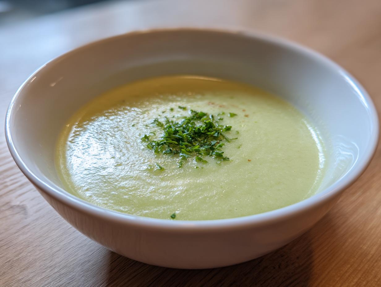 Close-up of a bowl of smooth, velvety celery soup garnished with fresh chopped green herbs.