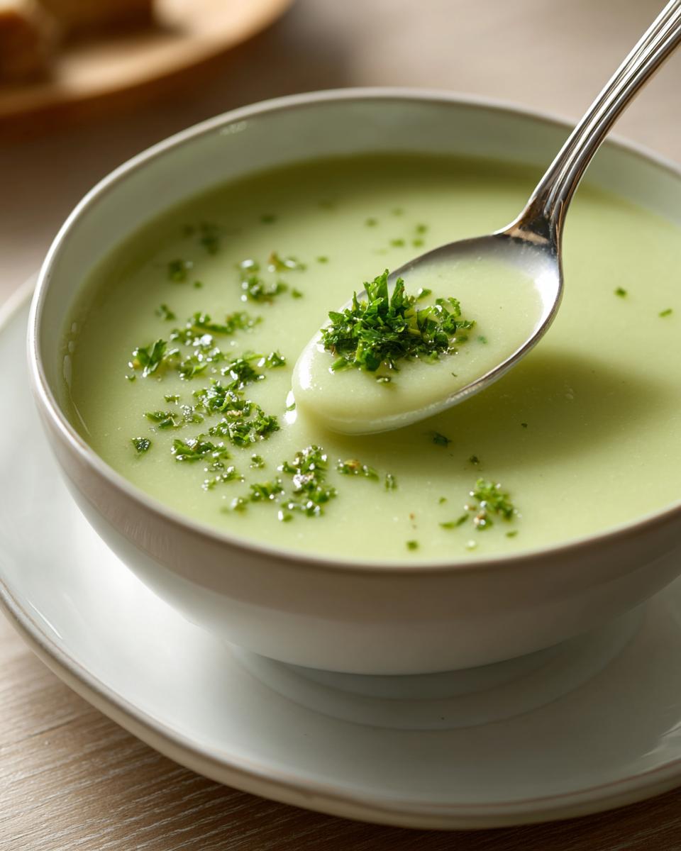 A spoonful of smooth, light green celery soup topped with fresh chopped parsley being lifted from a white bowl.