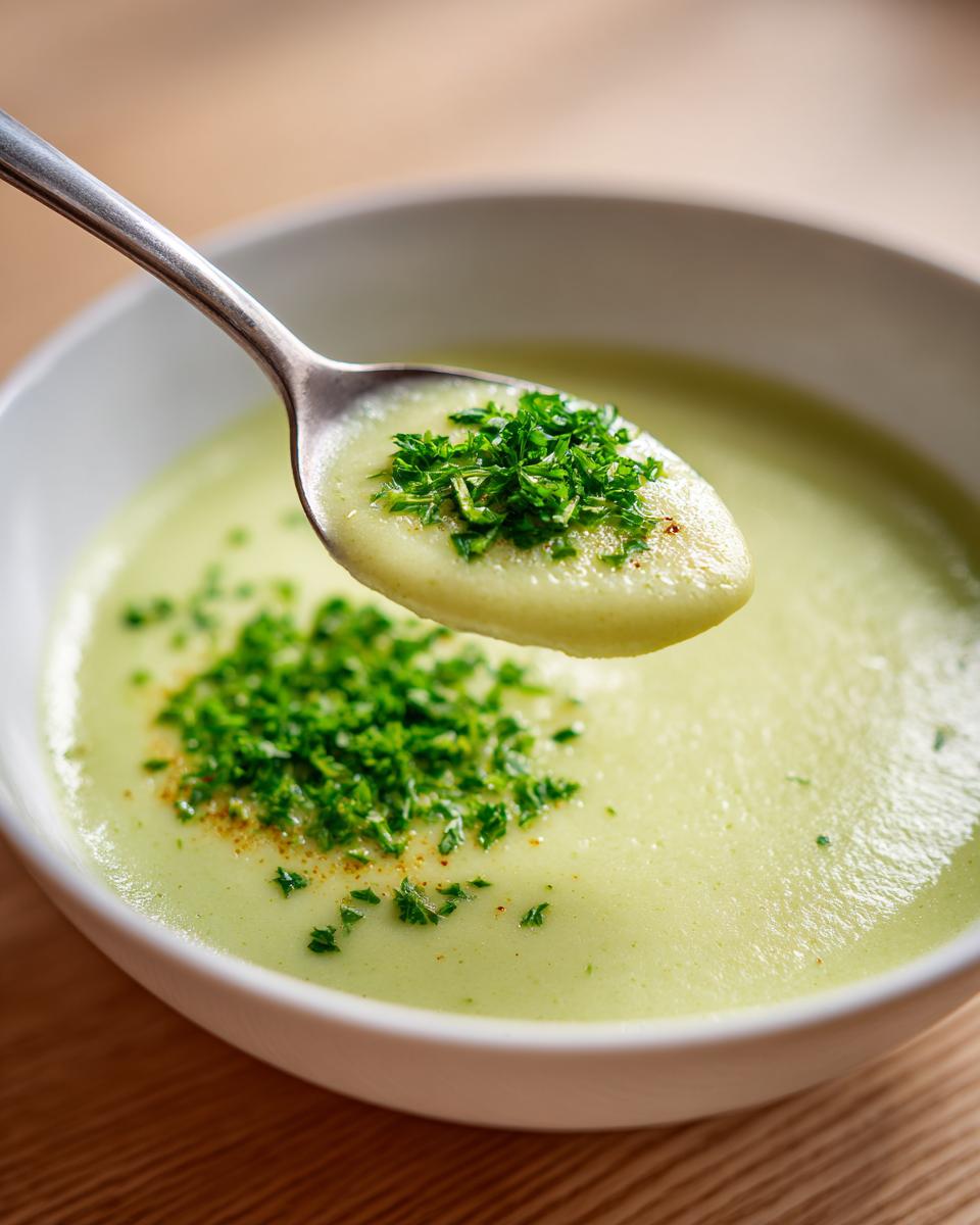 A spoonful of velvety celery soup, topped with fresh chopped parsley, being lifted from a white bowl.