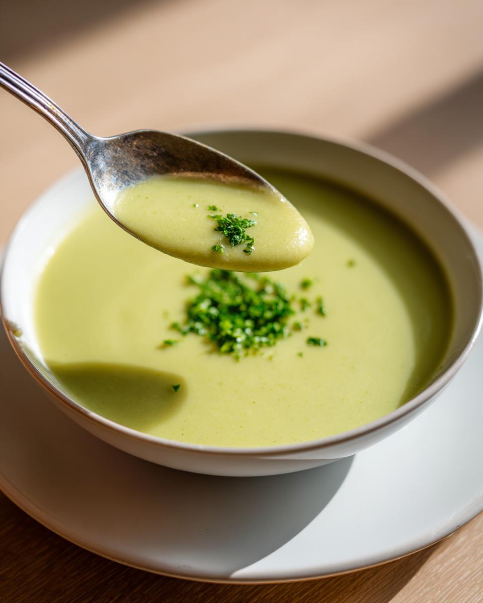 A spoonful of velvety, light green celery soup garnished with fresh parsley being lifted from a white bowl.