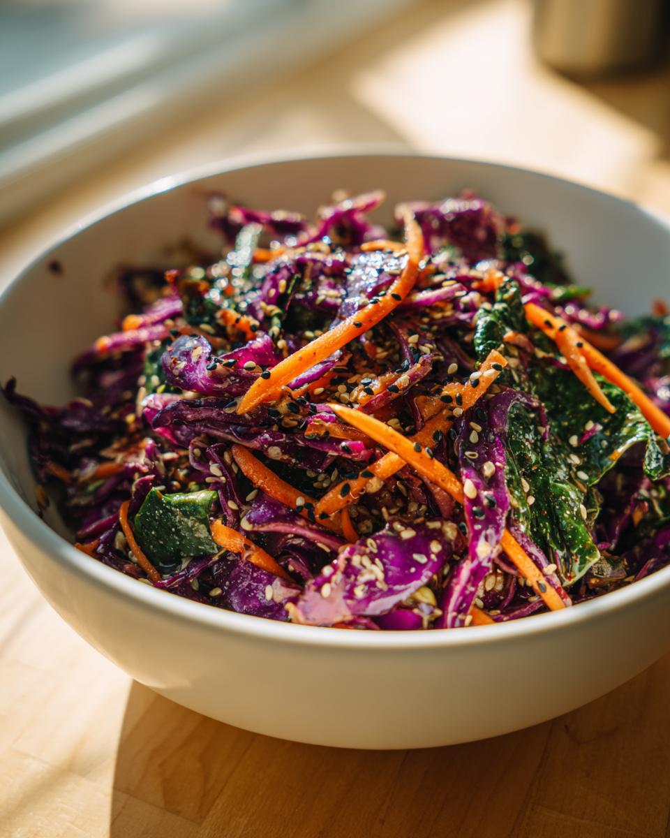 Close-up of a vibrant Asian cabbage salad featuring shredded purple cabbage, carrots, and sesame seeds.