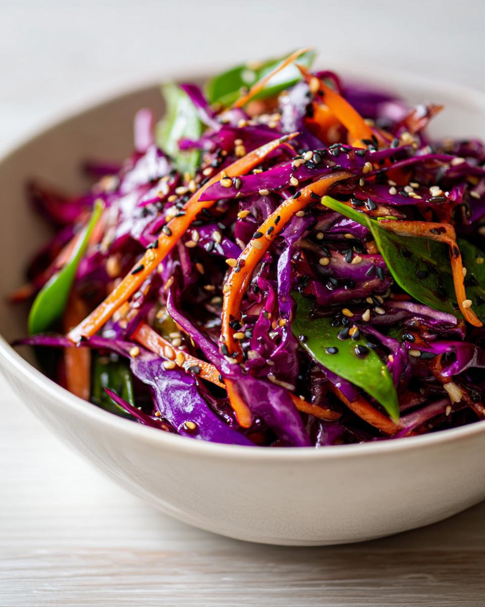Close-up of a vibrant Asian cabbage salad featuring shredded red cabbage, carrots, and sesame seeds.