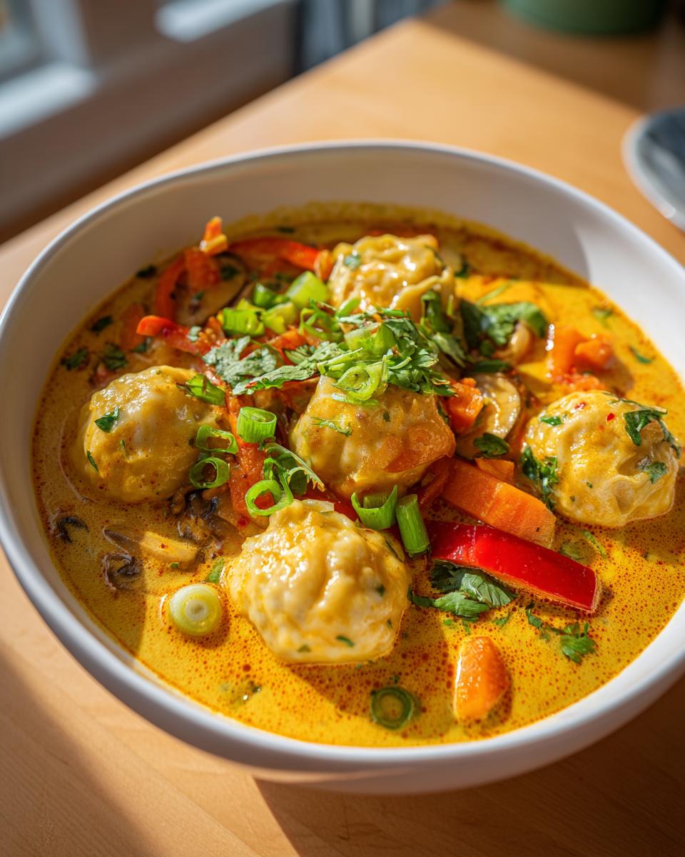 Close-up of a white bowl filled with rich, yellow coconut curry soup featuring dumplings, red peppers, and green onions.