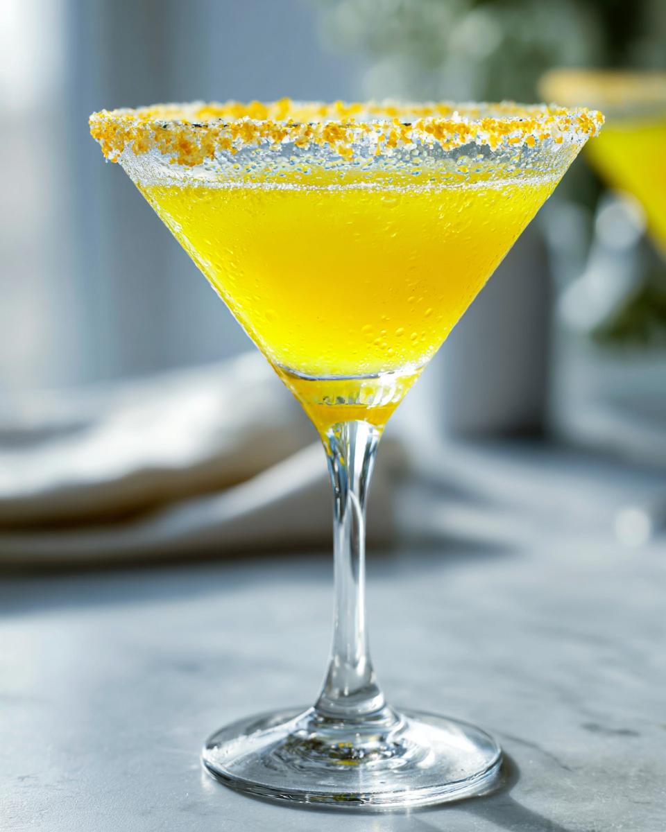 A vibrant yellow lemon drop cocktail served in a chilled martini glass with a sugared rim.