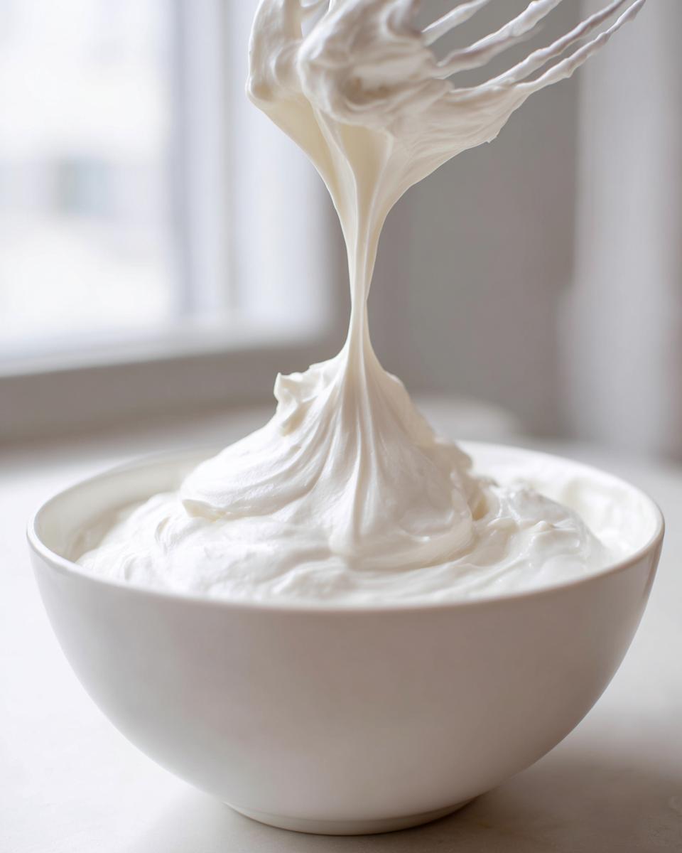 Close-up of thick, white sugar cookie icing dripping from a wire whisk back into a white bowl.