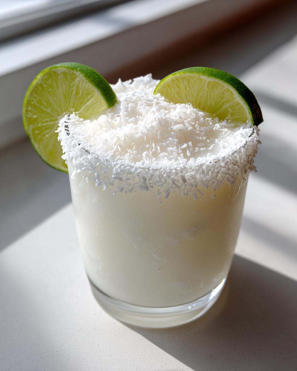 A creamy White Christmas Margarita topped with shredded coconut and garnished with two lime slices.
