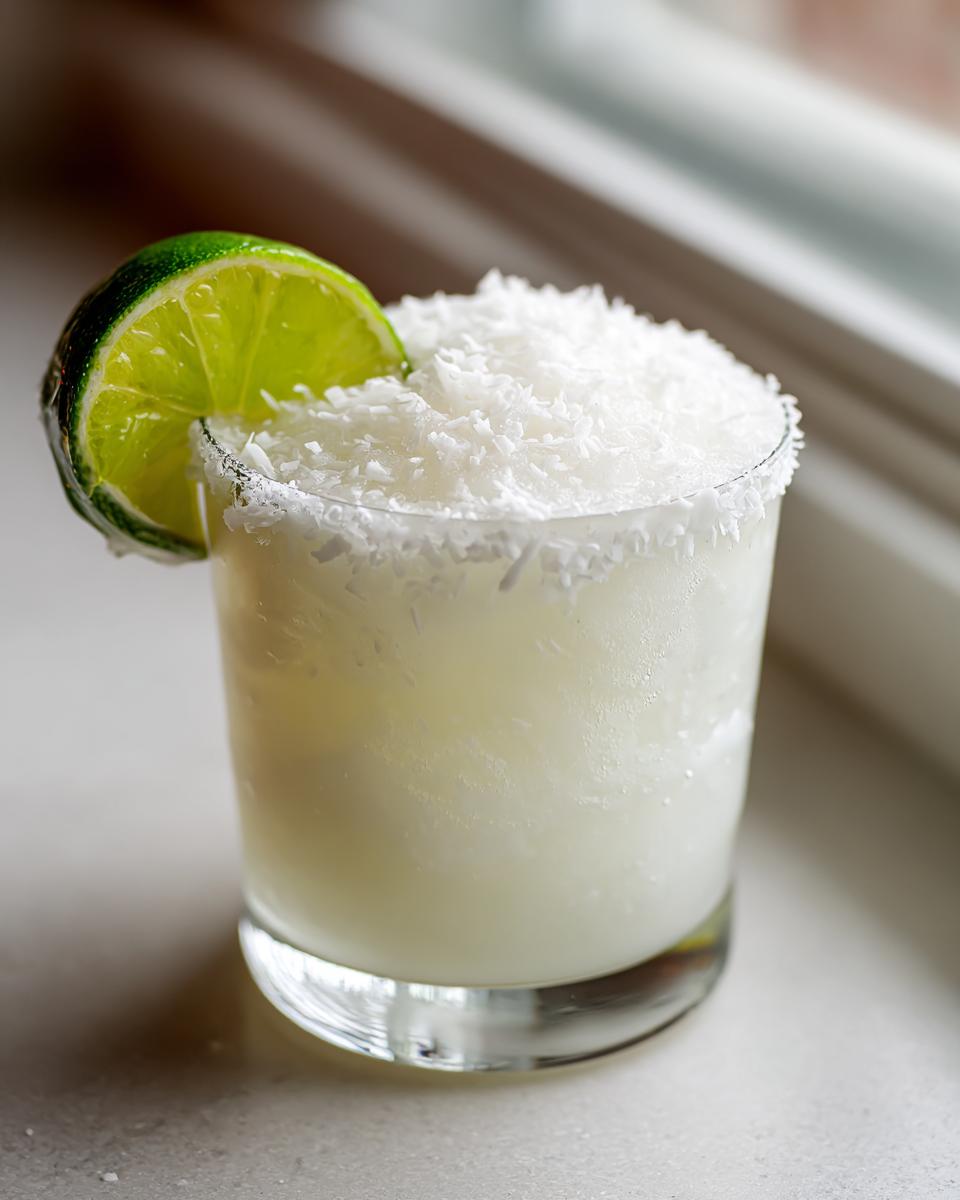 A frosty White Christmas Margarita topped with shredded coconut and garnished with a lime wheel.