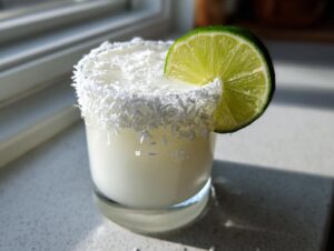 A frosty white Christmas margarita in a short glass, featuring a thick rim of shredded coconut and a fresh lime wedge garnish.