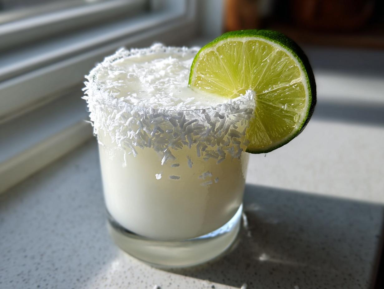 A frosty white Christmas margarita in a short glass, featuring a thick rim of shredded coconut and a fresh lime wedge garnish.